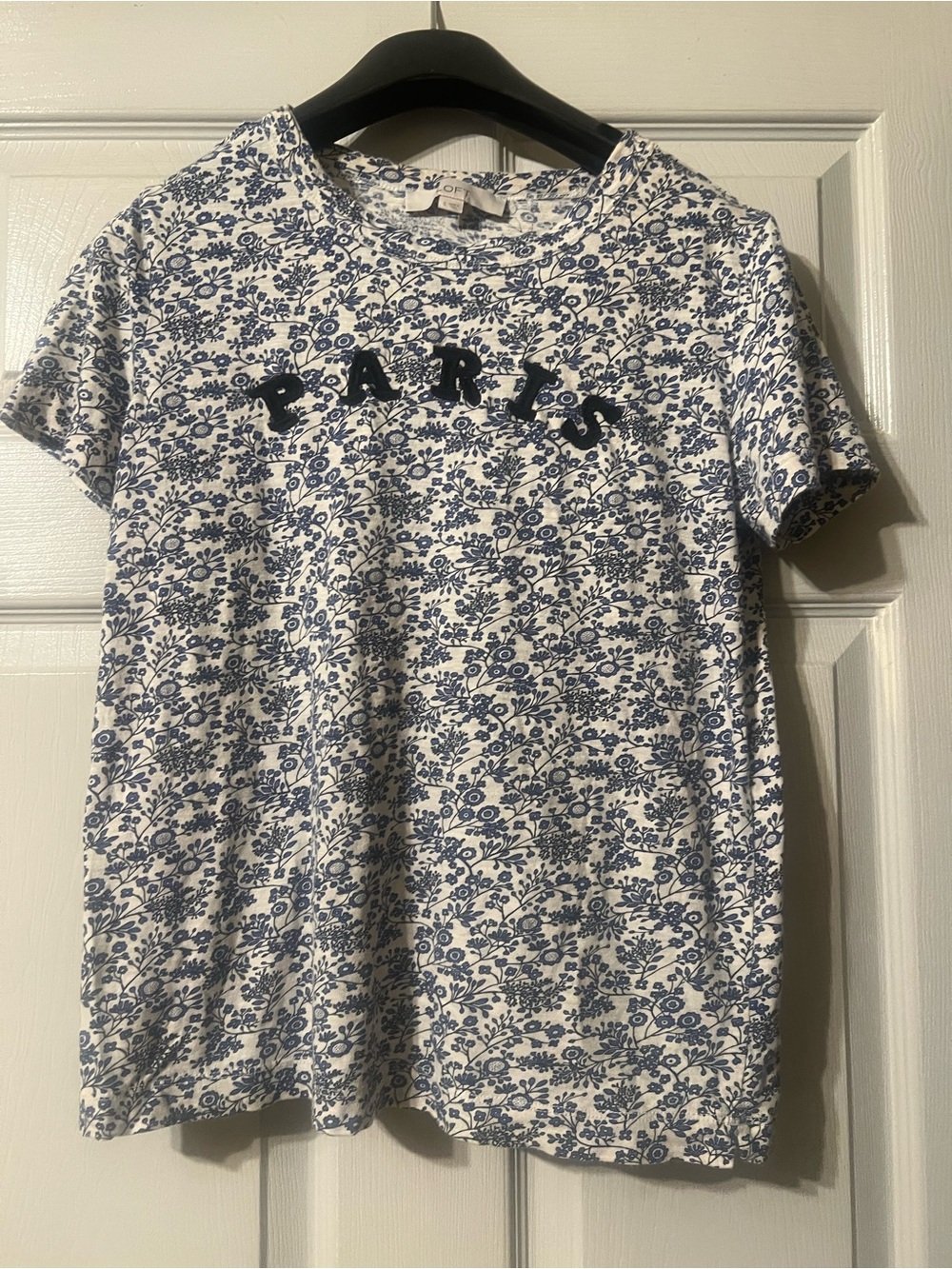 LOFT White and Blue Floral Short Sleeve Tee with 'PARIS' Applique